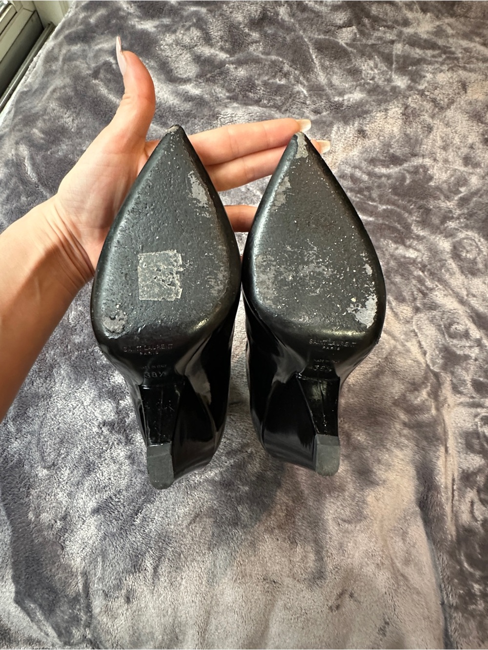 Saint Laurent YSL Black Patent Leather Pointed Toe Heeled Booties Ankle - Picture 10 of 14